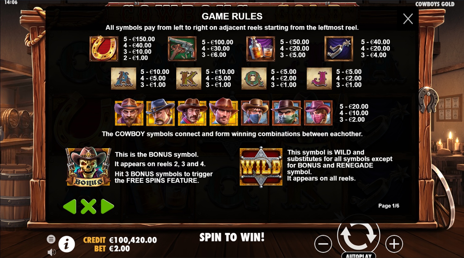 Full paytable for Cowboys Gold slot