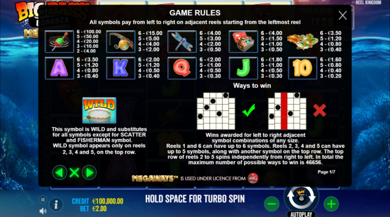 Full paytable for the Big Bass Bonanza Megaways slot