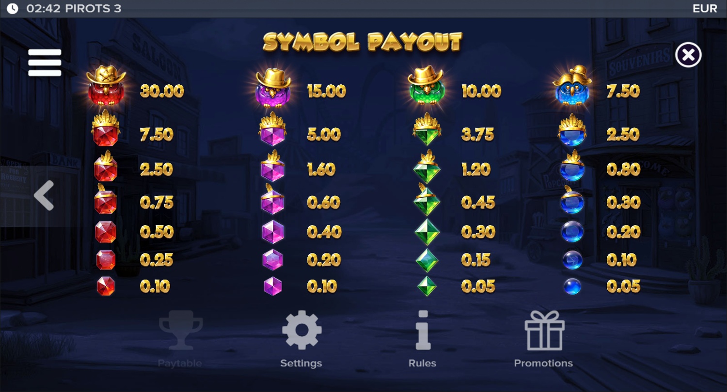 Full paytable for the Pirots 3 slot machine