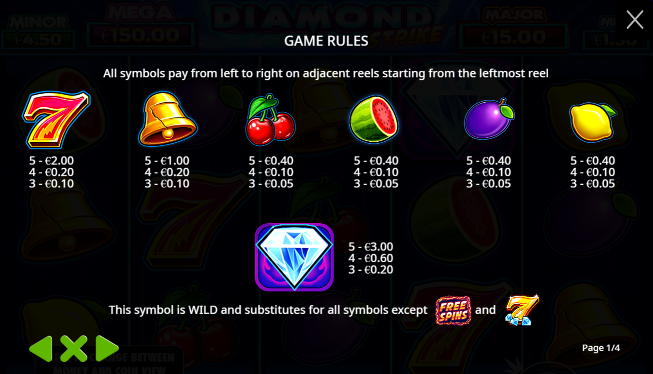 Full paytable of the Diamond Strike slot machine