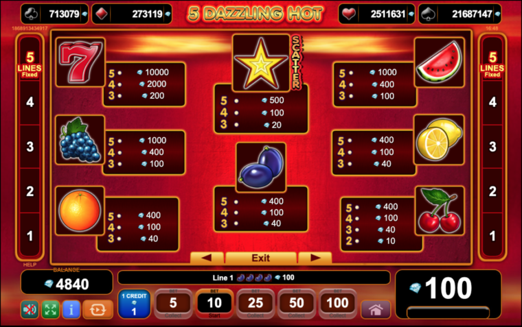 Paytable for 5 Dazzling Hot slot machine