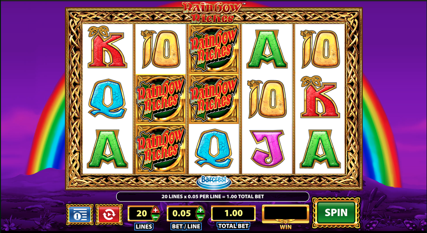 Reels have stacked symbols in Rainbow Riches slot